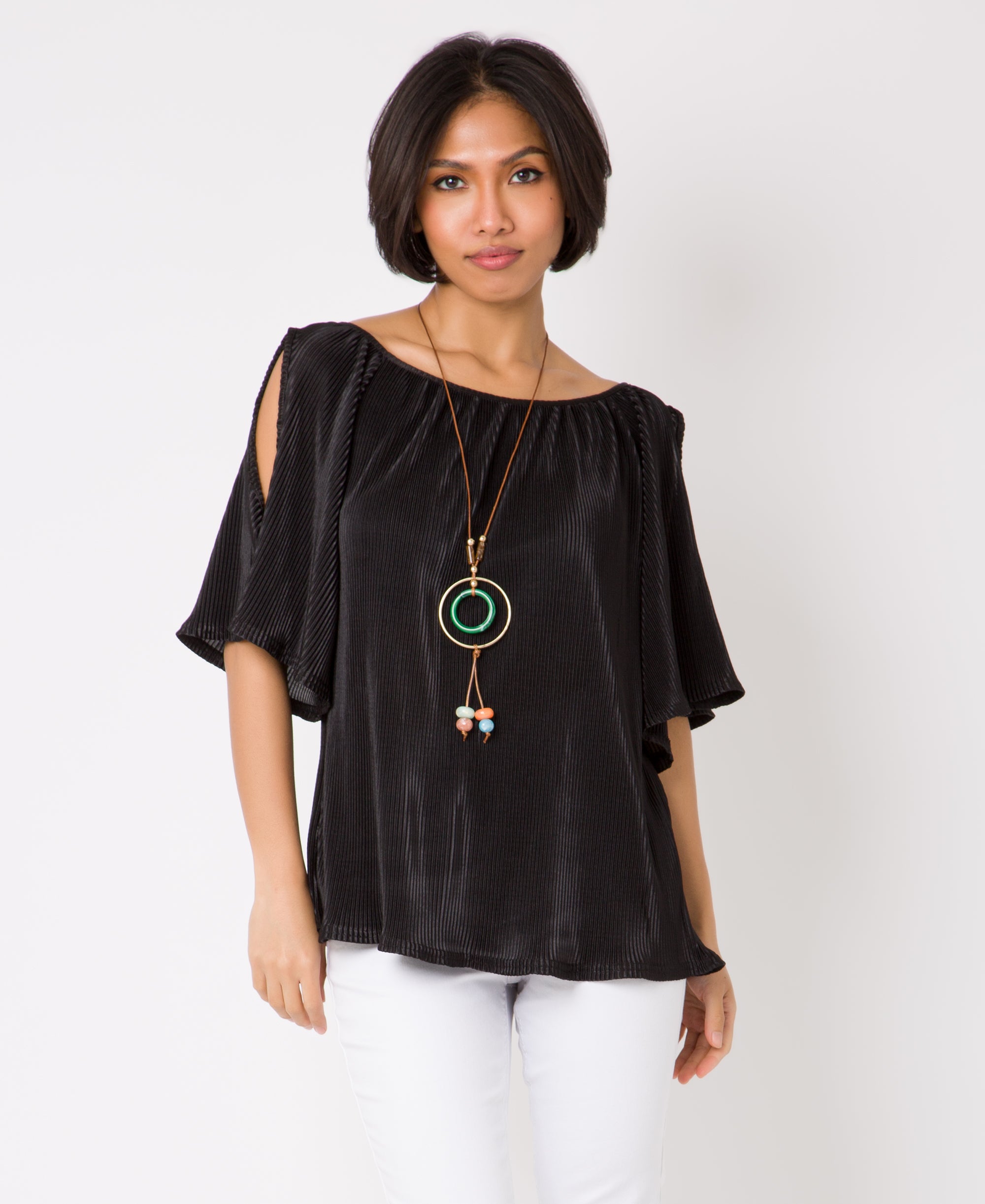 KRISP Split Sleeve Pleated Top with Necklace (11073)